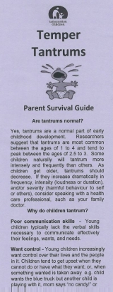 <h5>TEMPER TANTRUMS: A SURVIVAL GUIDE FOR PARENTS</h5><p>Are tantrums normal? Why do children tantrum? Temperament and tantrums. Different types of tantrums, reasons for and and how to approach them. What to do before, during and after a tantrum</p>